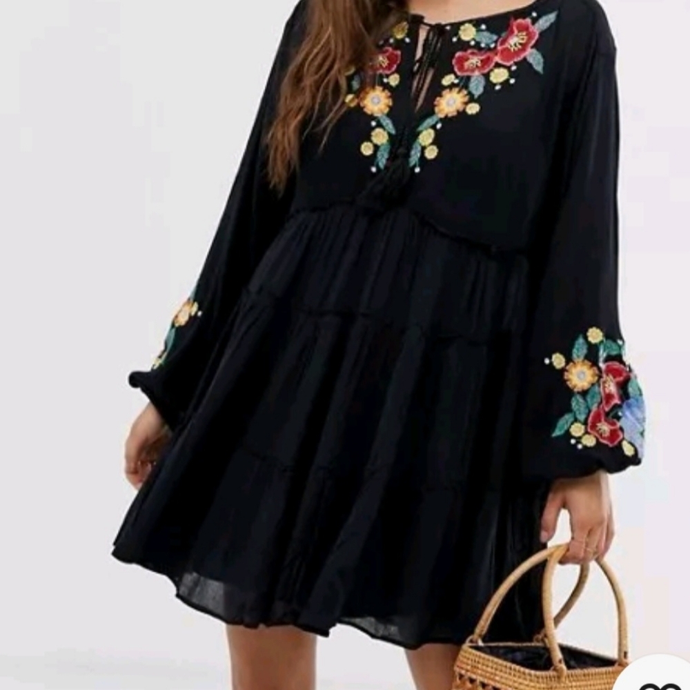 Free People Women's Medium Spell On You Black Embroidered Mini Boho Dress